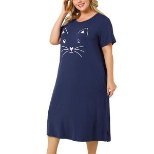 Women's Plus Size Nightgown Pajamas Pockets Cute Cat Sleepwear Navy Blue